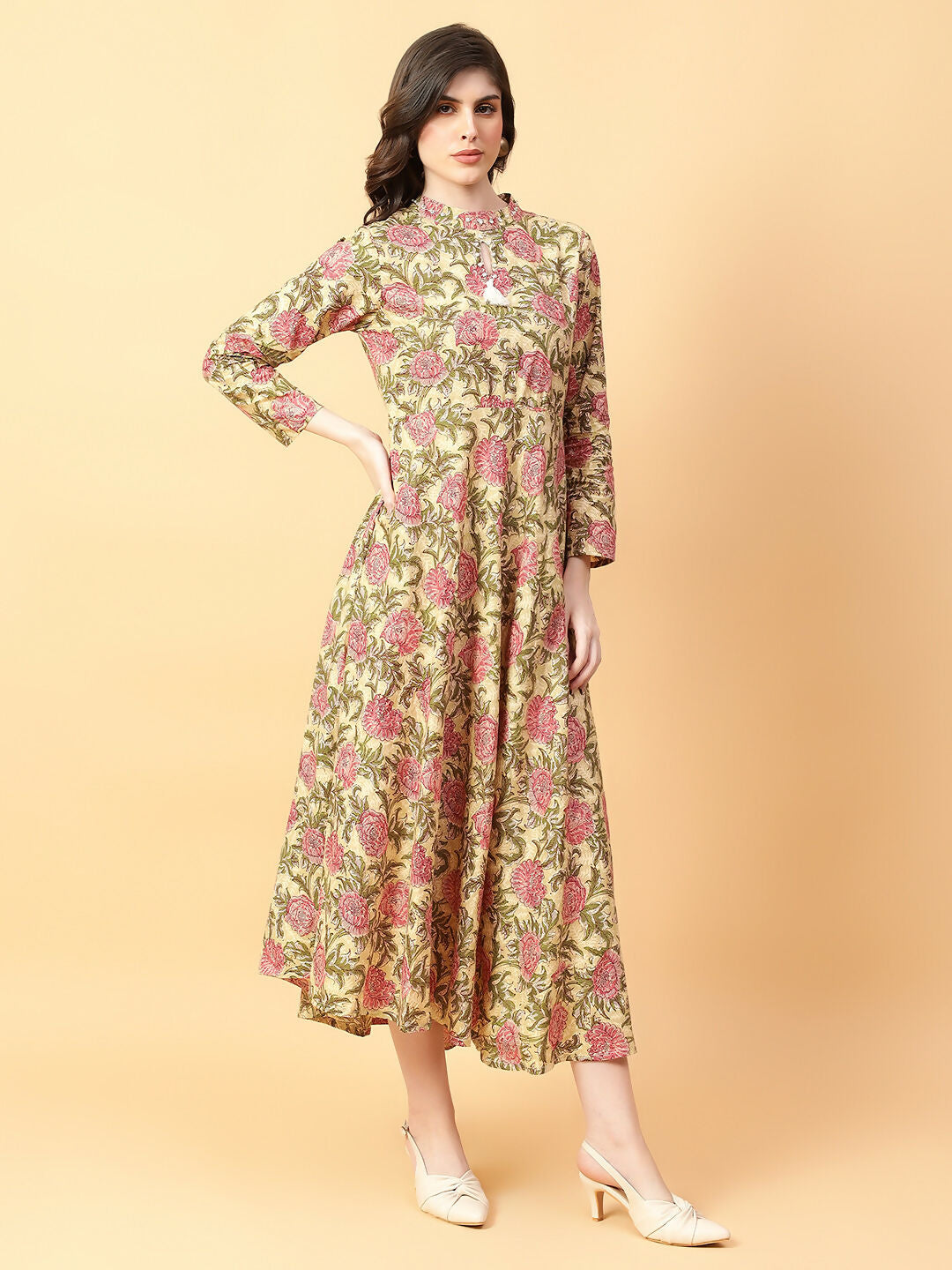 Joban Fashion Beige Cotton Printed & Hand Work Dress | Grocsy