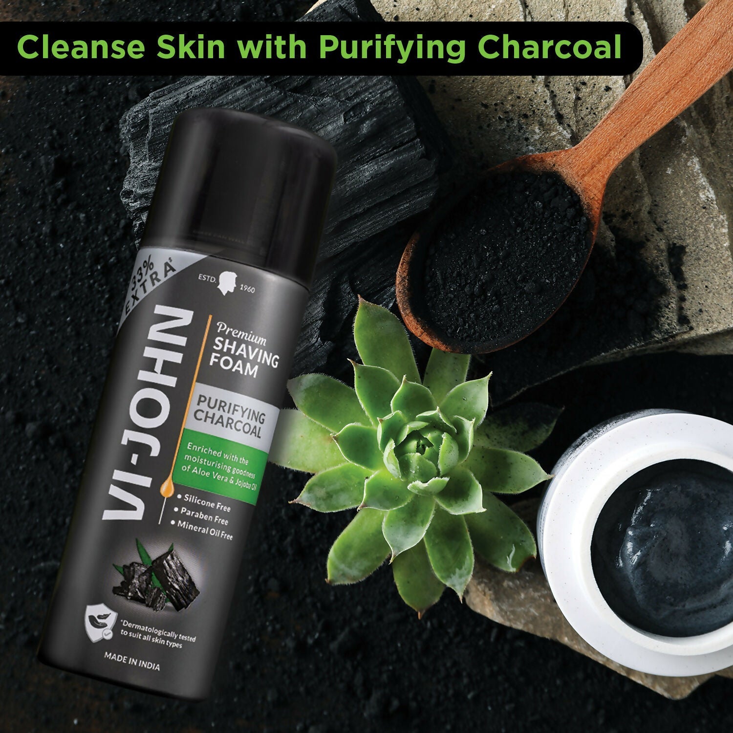 VI-JOHN Dermatologically Tested Premium Purifying Charcoal Shaving Foam Enriched with Aloevera & Jojoba Oil Free From Silicone, Paraben & Mineral Oil | Grocsy