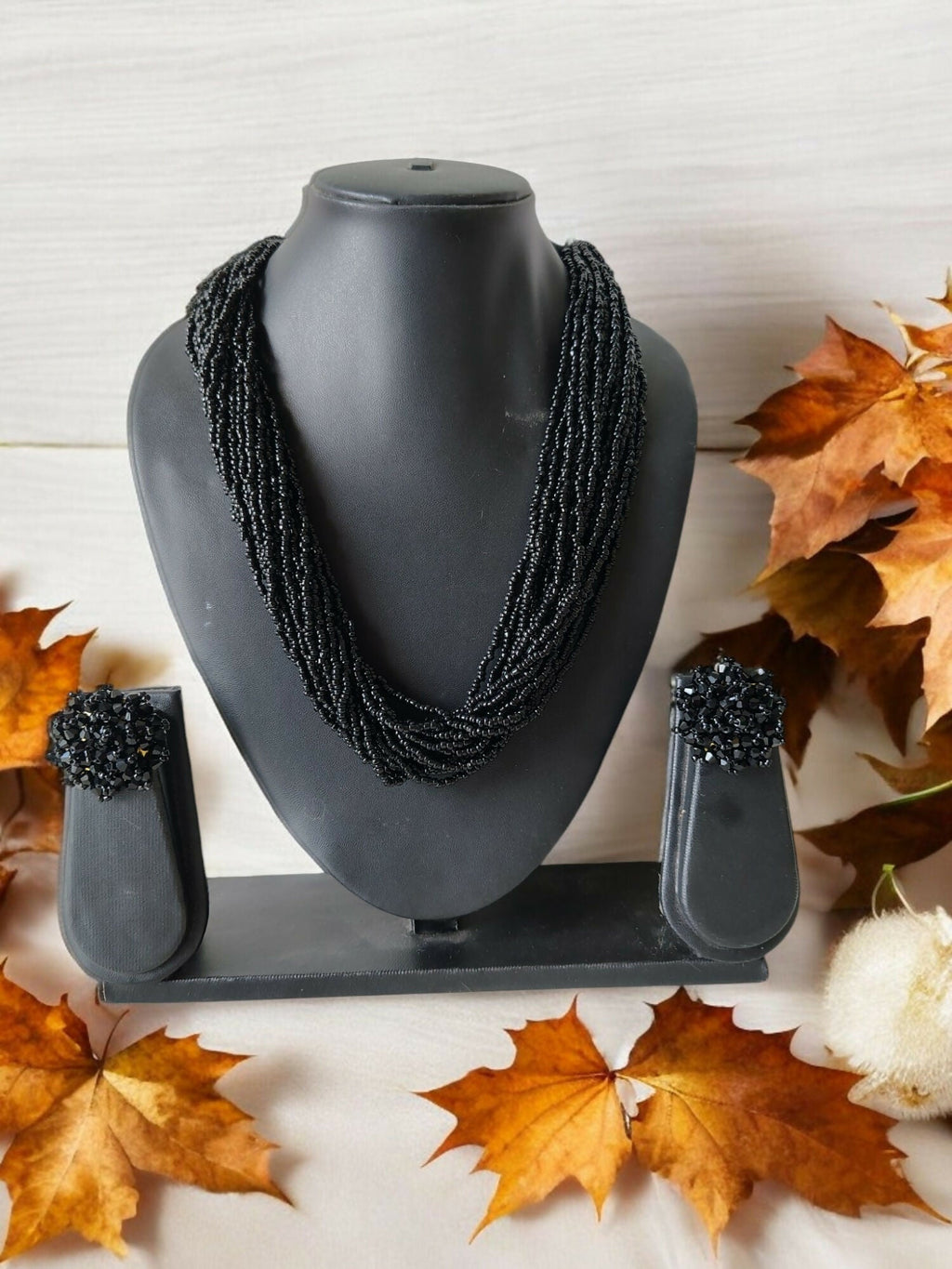 Inhanns Vibrant Handmade 20 Layers Beaded Necklace With Matching Earrings - Black | Grocsy