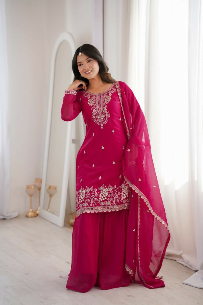 Lehenga Mart Designer Sharara Suit With Kurta, Sharara, Dupatta For Women-Dark Rani | Grocsy