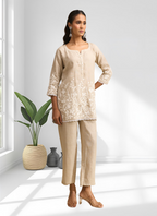 Joban Fashion Beige Linen Embroidered Readymade Cord Set | Grocsy