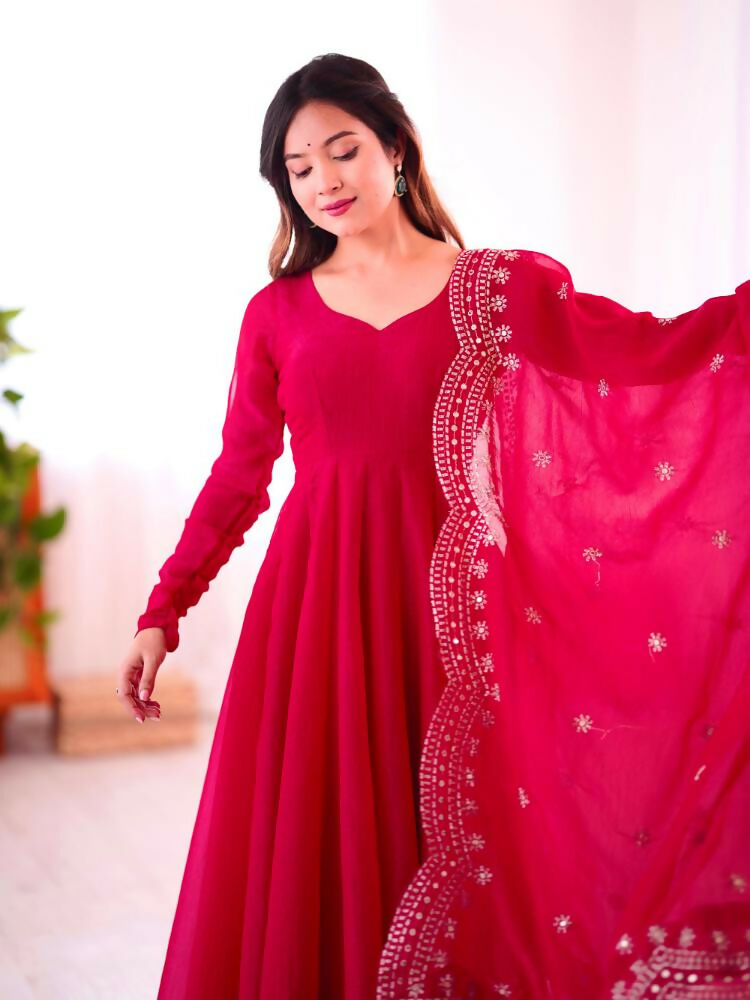 Joban Fashion Red Chinnon Silk Sequence Embroidery Work Readymade Kurta Set | Grocsy