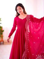 Joban Fashion Red Chinnon Silk Sequence Embroidery Work Readymade Kurta Set | Grocsy