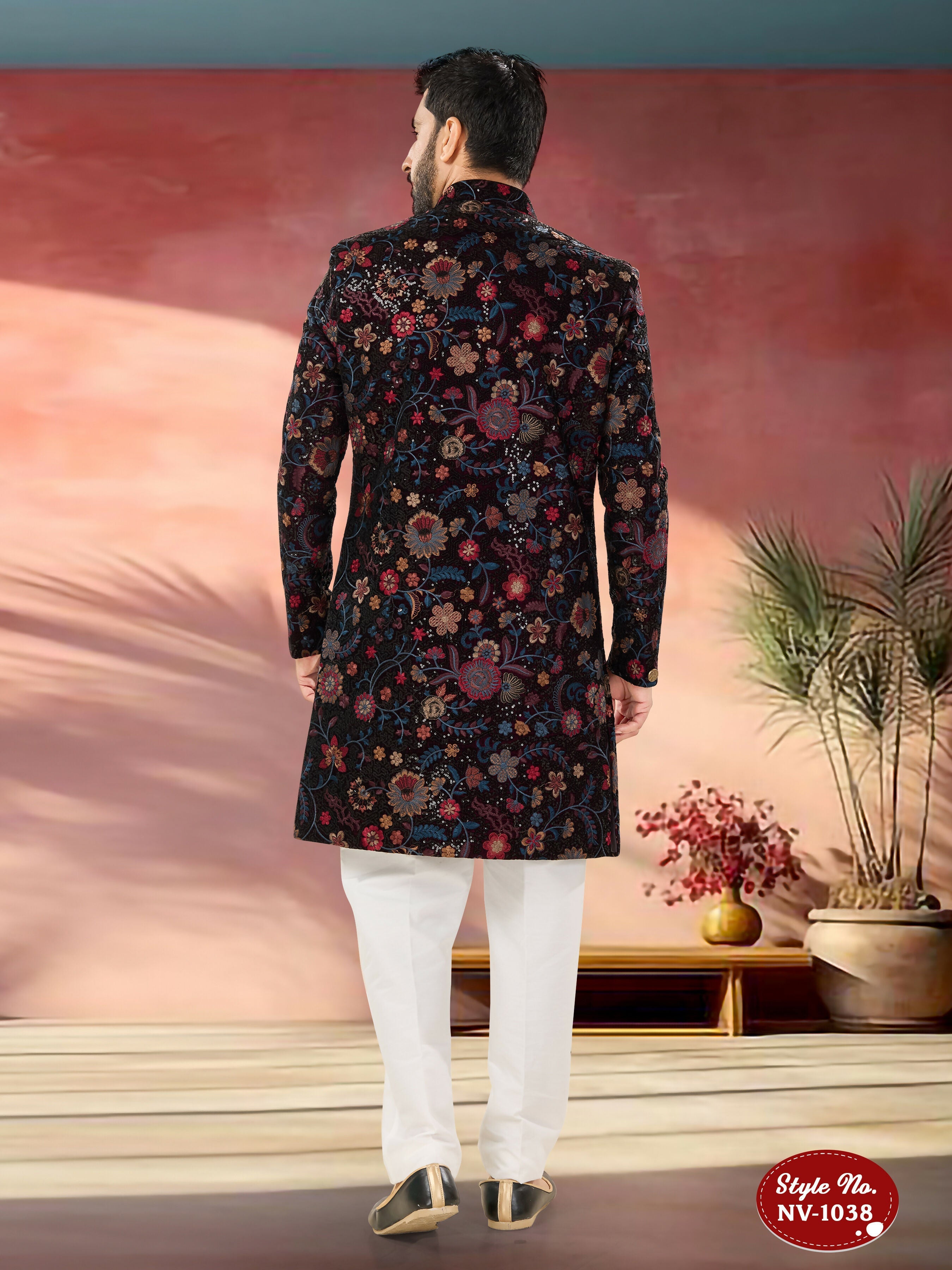 Joban Fashion Men's Wine Base Multi-Colour Straight Velvet Heavy Thread And Sequence Embroidary All Over Indo-Western Kurta Set | Grocsy