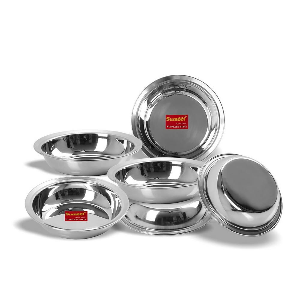 Sumeet Stainless Steel Heavy Gauge Multi Utility Serving Plates with Mirror Finish 19cm Dia | Grocsy