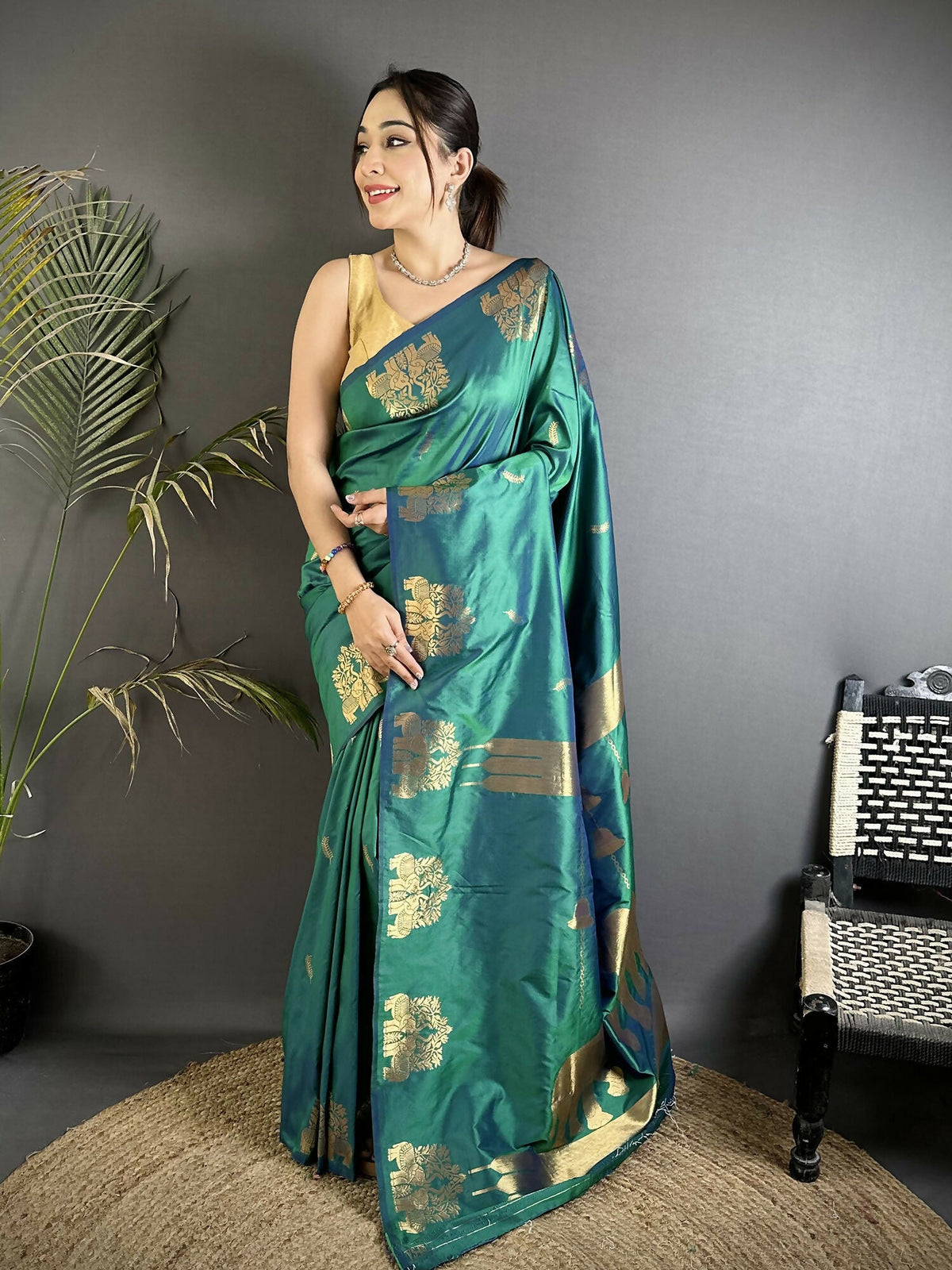 Joban Fashion Dark Teal Motifs Zari Weaving Soft Silk Banarasi Saree | Grocsy