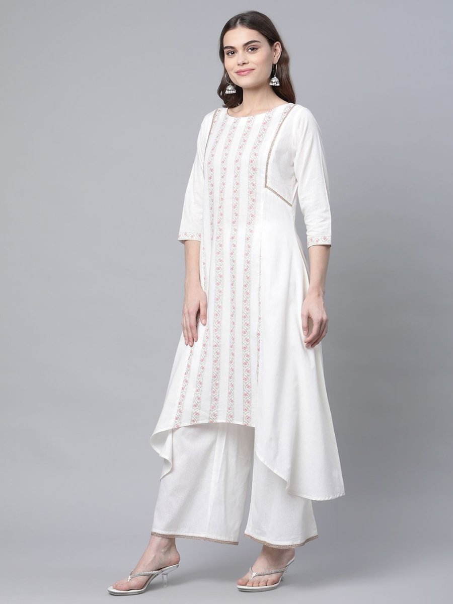 Ahalyaa Women's Off white Pure Cotton Printed Asymmetric Kurta Palazzo Set | Grocsy