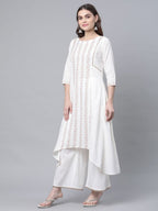 Ahalyaa Women's Off white Pure Cotton Printed Asymmetric Kurta Palazzo Set | Grocsy