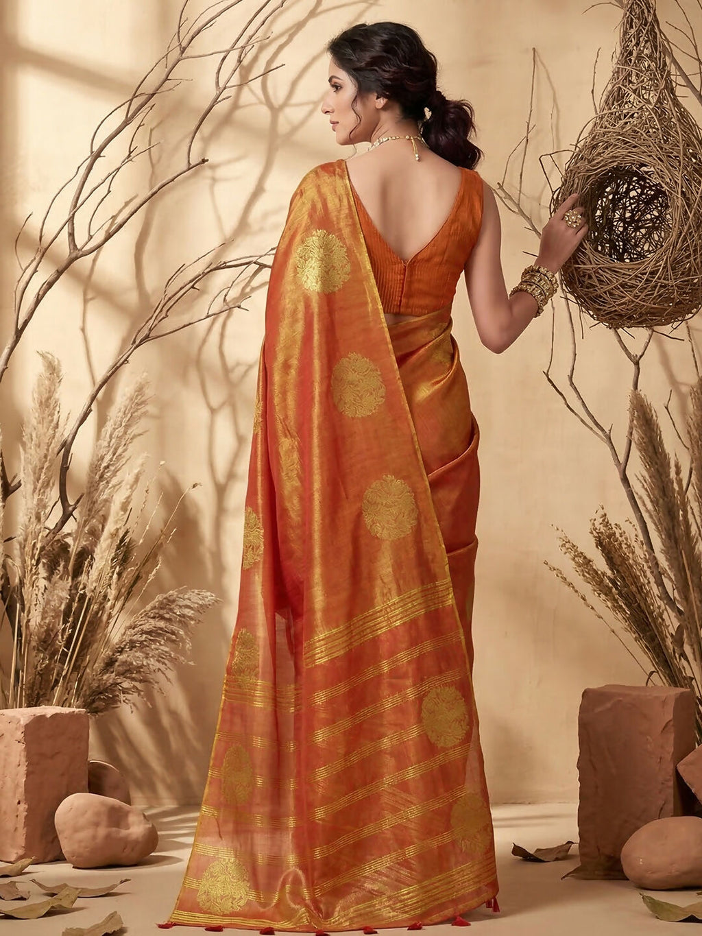 Shree Shyam Fashion Rust Tissue Silk Saree | Grocsy