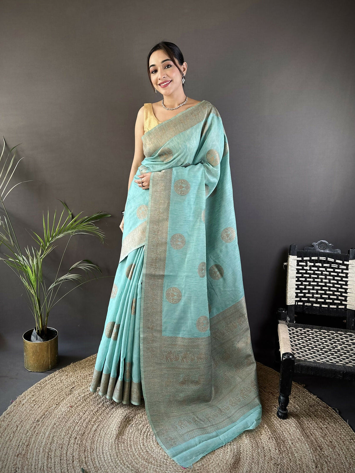 Joban Fashion Sky Blue Floral & Paisley Linen Silk Banarasi Saree | Grocsy