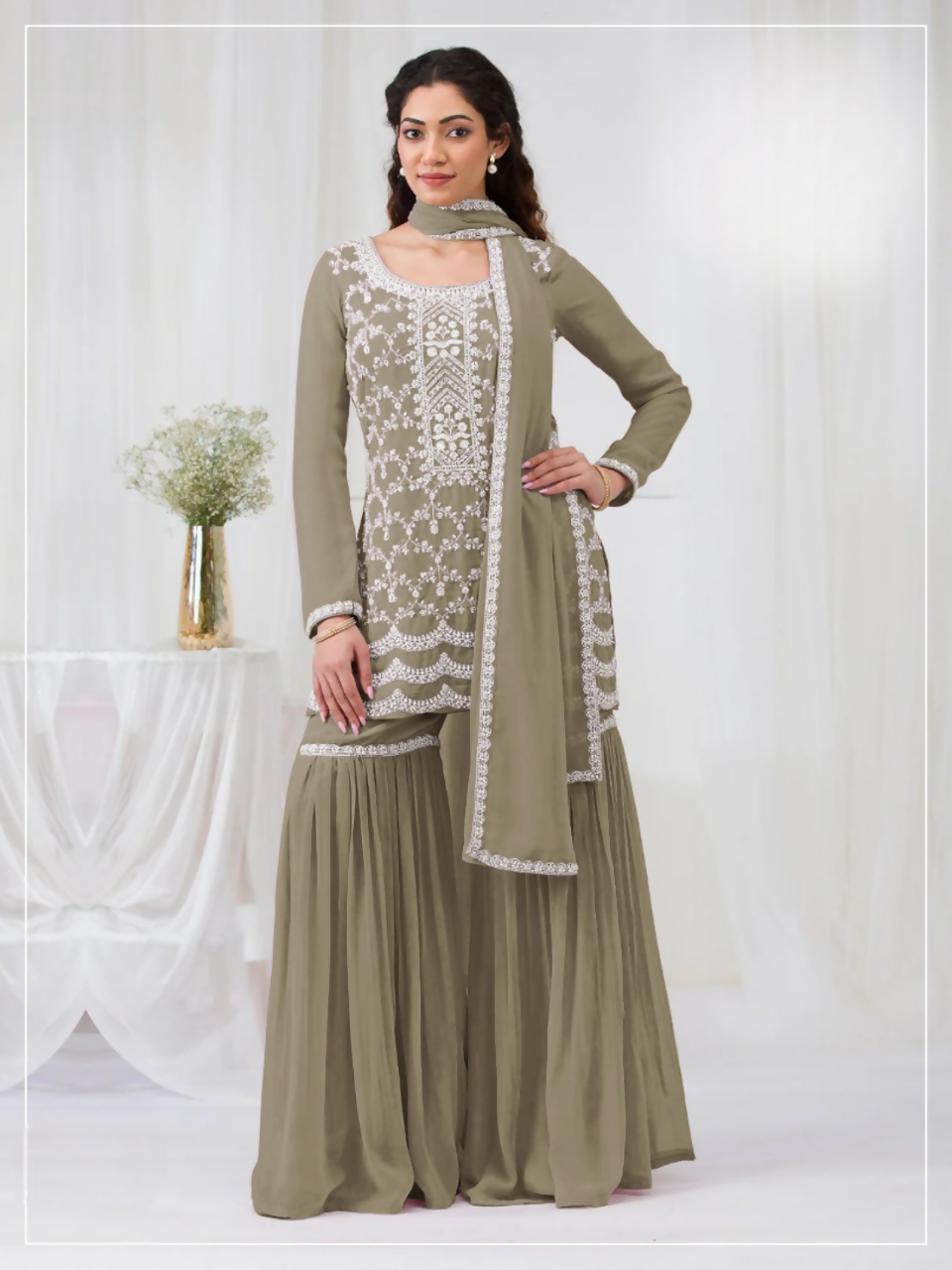 Anaita Mehendi Faux Georgette Stitched Suit with Embroidery Cotton Thread & Sequence Work | Grocsy
