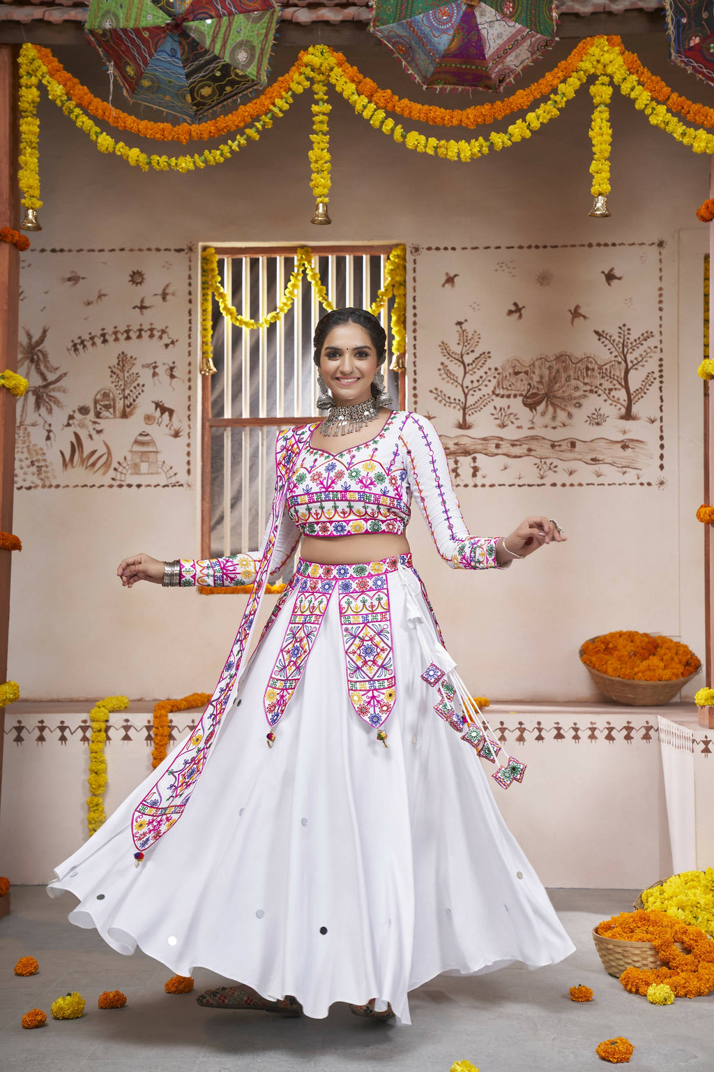 White Viscose Rayon Thread Embroidered with all over mirror work Navratri Lehenga Choli with Dupatta - Raas | Grocsy