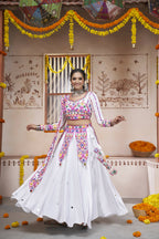 White Viscose Rayon Thread Embroidered with all over mirror work Navratri Lehenga Choli with Dupatta - Raas | Grocsy