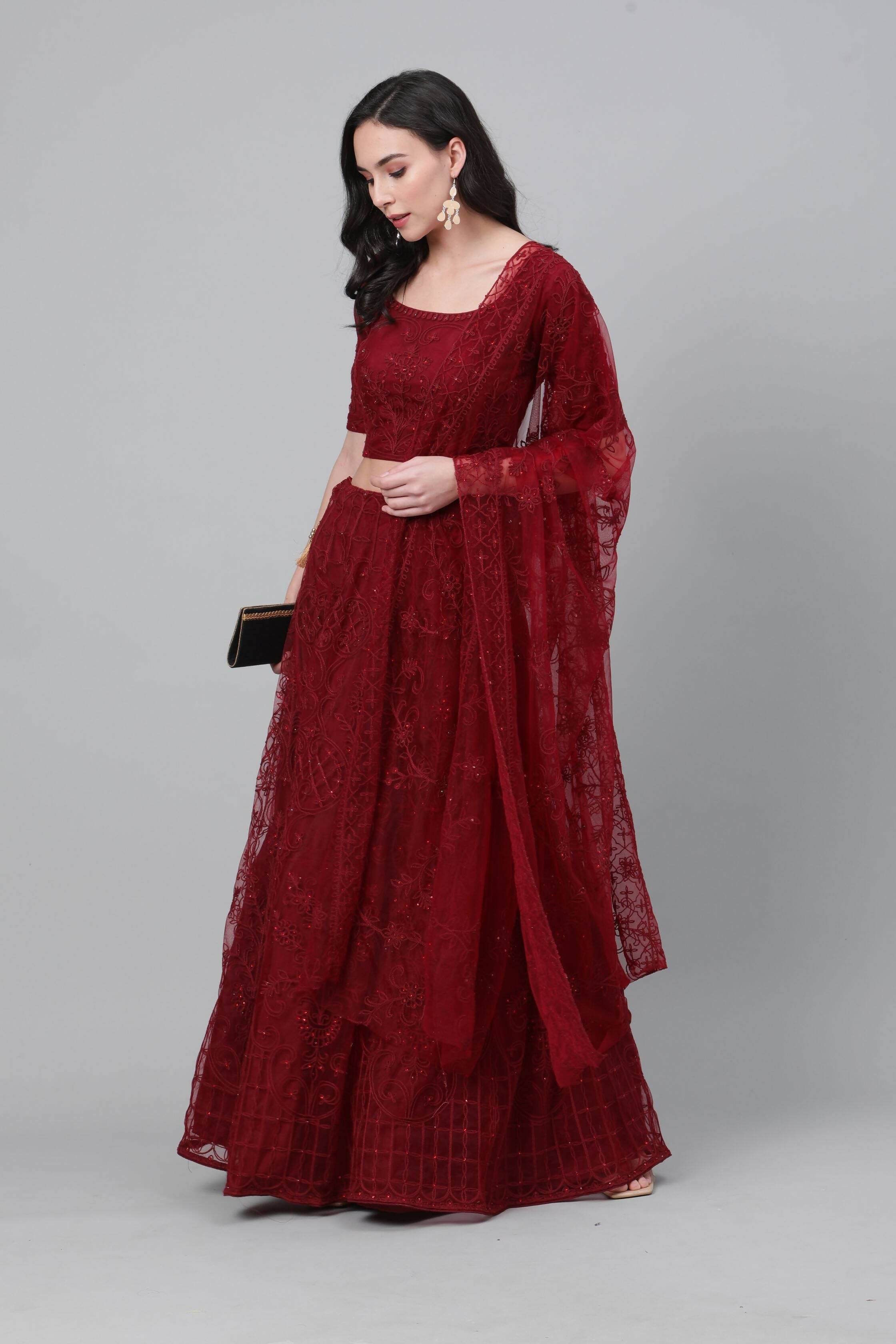 Maroon Net Thread embroidery with stone work Lehenga Choli with Dupatta - Jivika | Grocsy