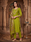 Teeya Creation Women Olive Green Embroidered Kurta Pant Set With Dupatta | Grocsy
