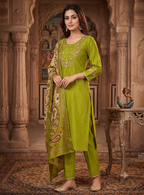 Teeya Creation Women Olive Green Embroidered Kurta Pant Set With Dupatta | Grocsy
