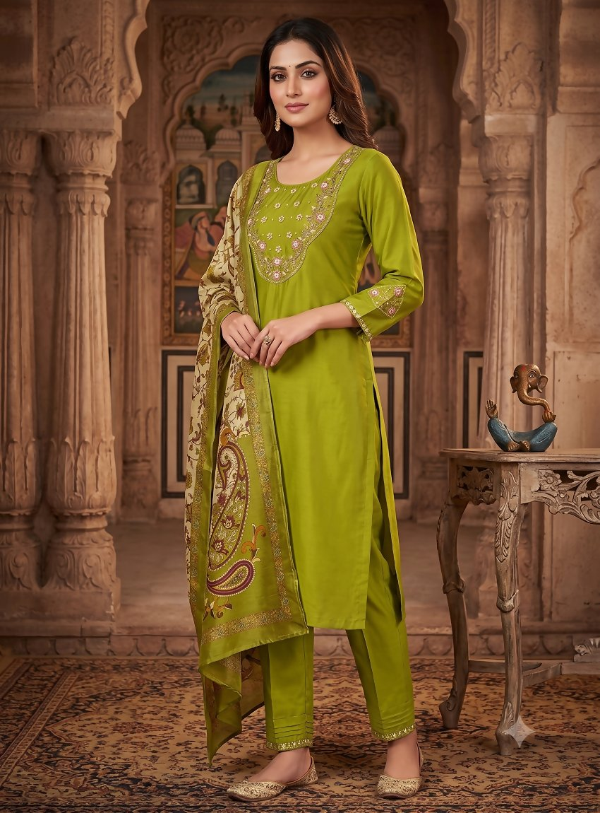 Teeya Creation Women Olive Green Embroidered Kurta Pant Set With Dupatta | Grocsy