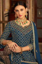 Teal Heavy Chinon Semi Stitched Kurta with Bottom & Dupatta - Dhvani | Grocsy