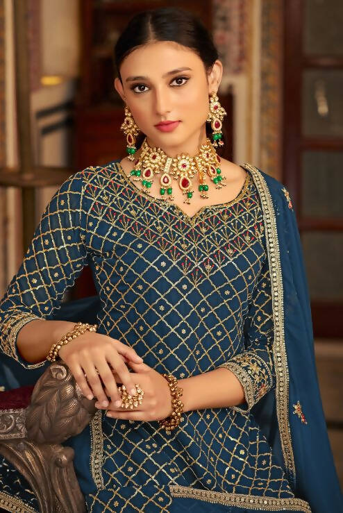 Teal Heavy Chinon Semi Stitched Kurta with Bottom & Dupatta - Dhvani | Grocsy