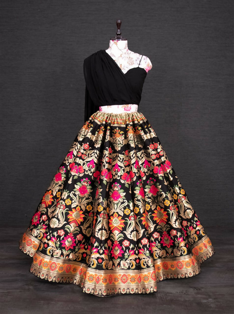 Black Banarasi Silk Lehenga Choli for Women, Ready to Wear Stitched Lengha Choli for Party by Infinity Export | Grocsy