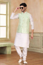 Raivat Ethnic Jacquard Banarasi Silk Woven Work 3 Pics Jacket Set In Pista Green Colour | Grocsy