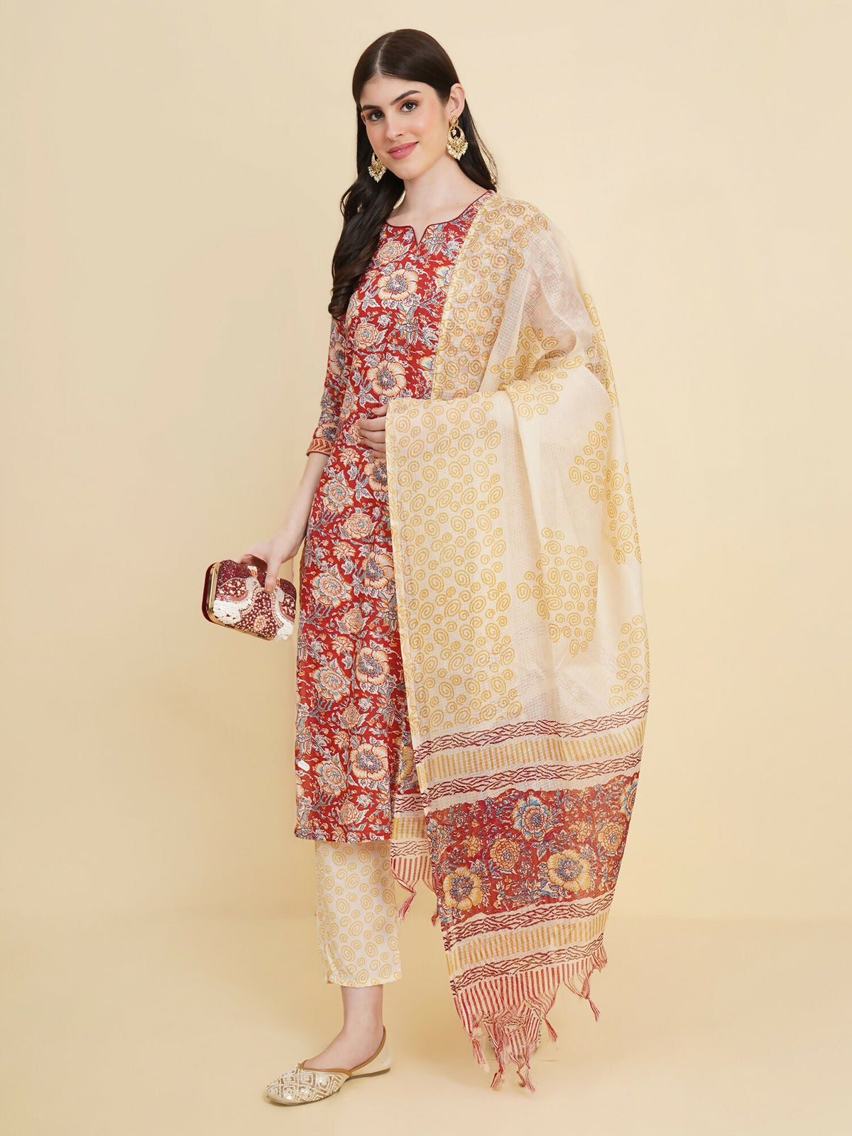 Designer Stylish red Cotton Stitched Suit With Dupatta - Tanisha | Grocsy