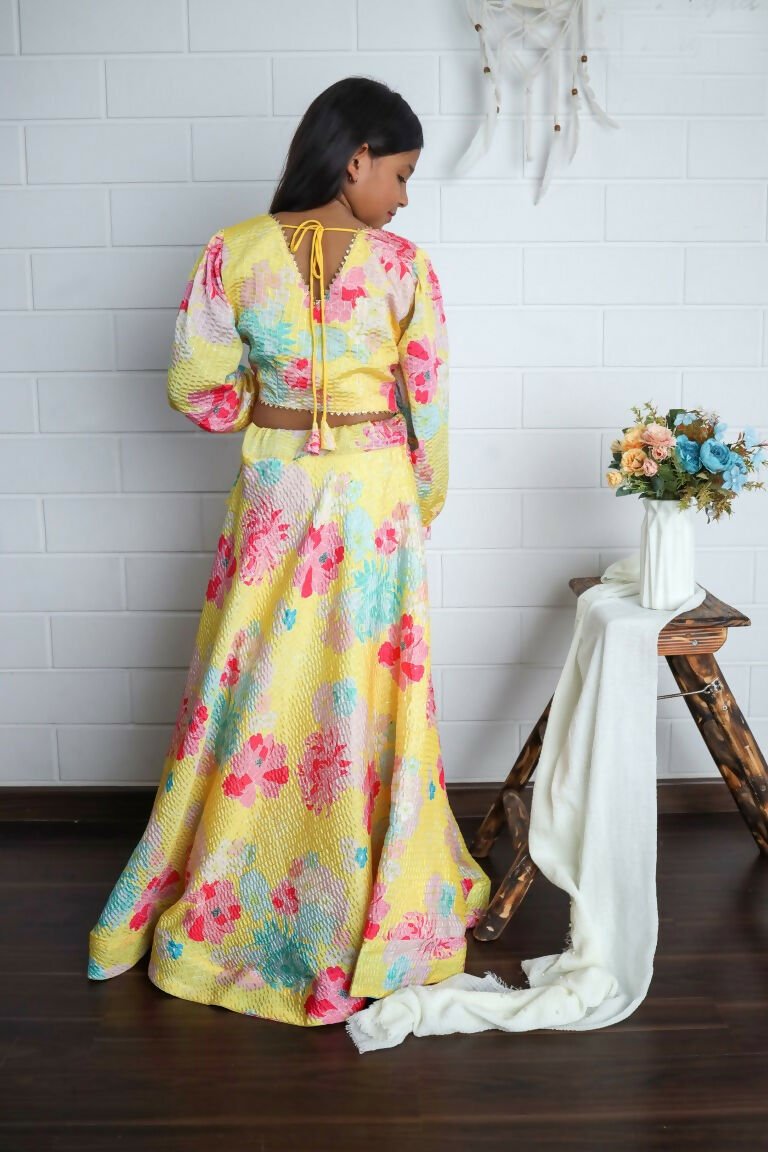 Aayaa Designer Printed Chinon Crochet Sequance Kids Lehenga Choli - Yellow | Grocsy