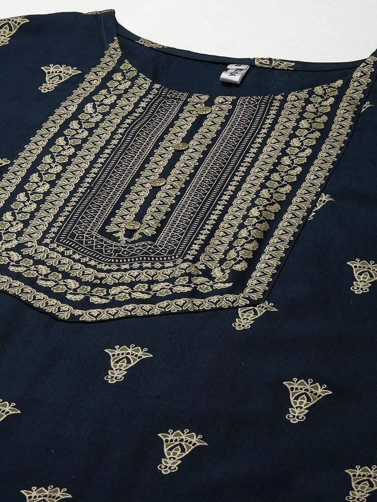 Yufta Women Blue and Green Embroidered Kurta with Trouser and Dupatta Set | Grocsy