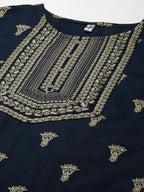 Yufta Women Blue and Green Embroidered Kurta with Trouser and Dupatta Set | Grocsy