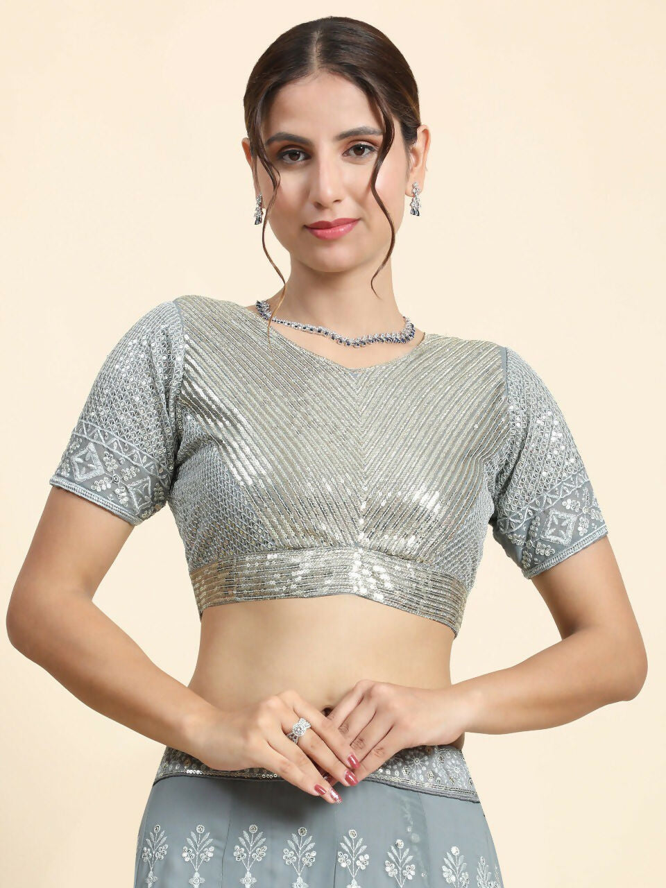 Jyoti Fashion Mesmerizing Grey Faux Georgette 3MM Sequins with Thread & Jari Embroidery Lehenga Choli with Dupatta | Grocsy