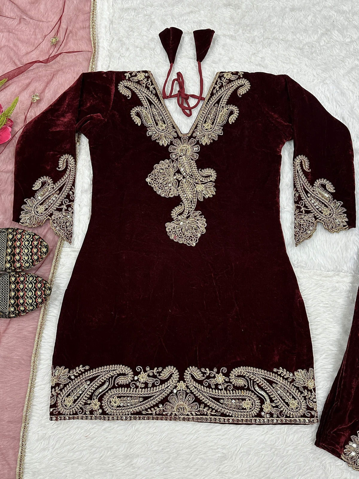 Vastranavya Wine Viscose Velvet Cording Sequence Embroidery Work Suit-Bottom With Dupatta | Grocsy
