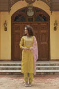 Mustard Chinon Embroidered Kurta and Bottom with Dupatta - Akashara | Grocsy