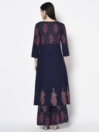 Aniyah Rayon Navy Blue Color Block Print A-line Flared Long Kurta With Two Front Slits (AN-215K) | Grocsy