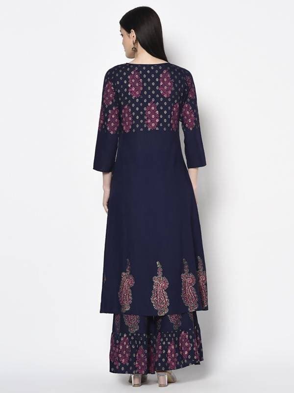 Aniyah Rayon Navy Blue Color Block Print A-line Flared Long Kurta With Two Front Slits (AN-215K) | Grocsy