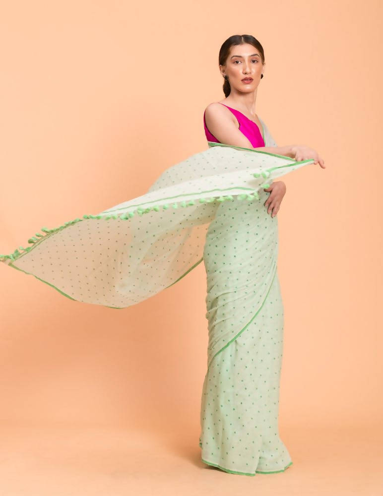 Suta Lime Green Polka Printed Pure Cotton Saree | Grocsy
