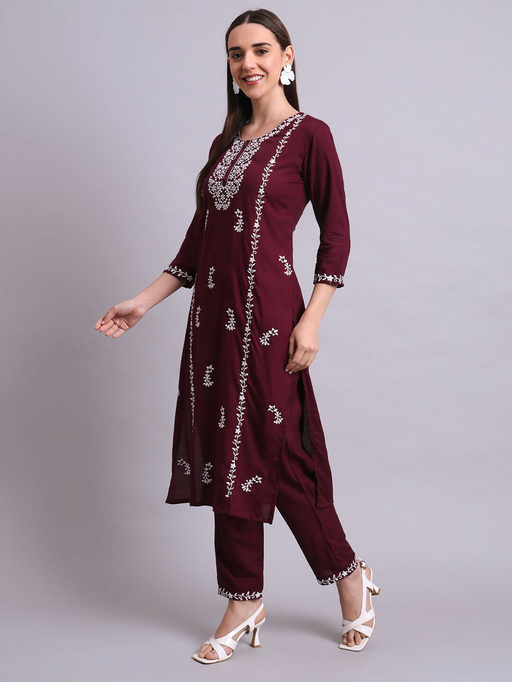 Joban Fashion Purple Cotton & Embroidery Work Kurta With Trousers Set | Grocsy