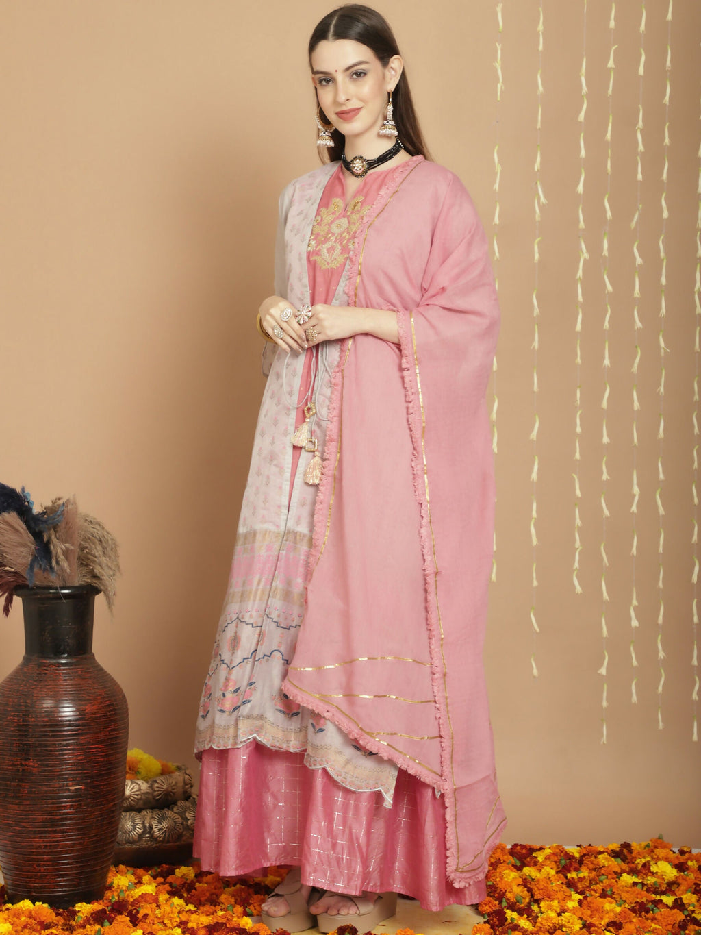 Jyoti Fashion Women's Grey Chanderi Silk Elegant Jardoshi Semi Kurta with Trouser & Dupatta | Grocsy