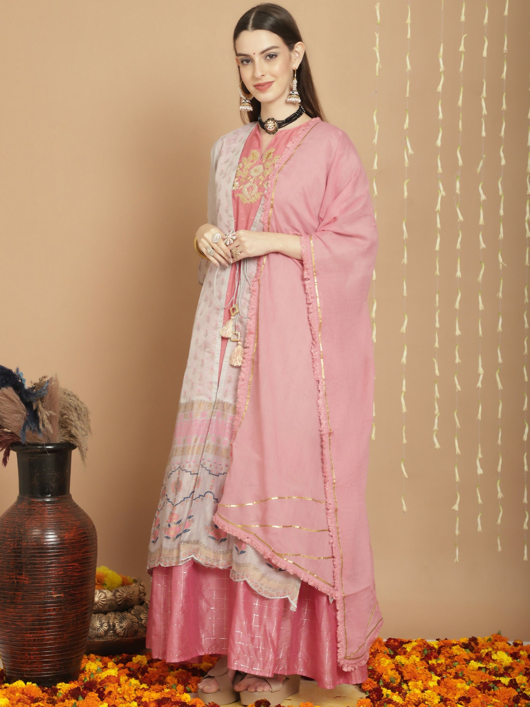 Jyoti Fashion Women's Grey Chanderi Silk Elegant Jardoshi Semi Kurta with Trouser & Dupatta | Grocsy