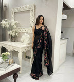 Black Shimmer Silk Multi Thread Sequence Embroidery Work Saree - Kashta | Grocsy