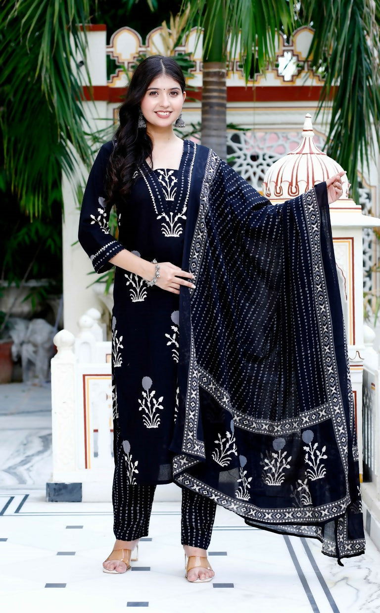 Miravan Women's Cotton Gota Patti Black Floral Printed Straight Kurta Palazzo With Dupatta Set | Grocsy