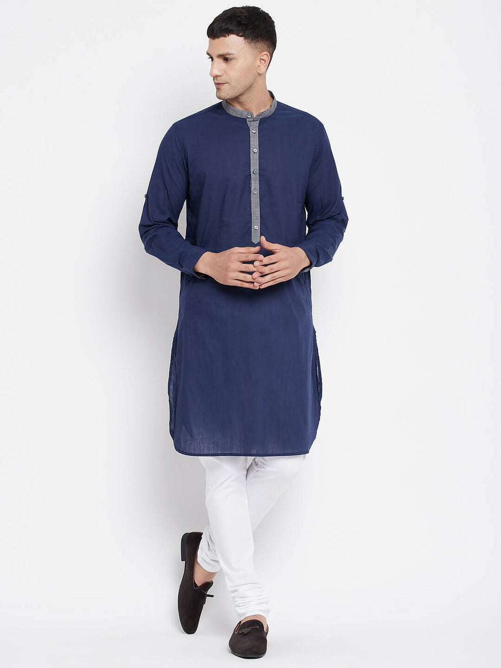Even Apparels Blue Pure Cotton Men's Kurta With Contrast Collar And Placket | Grocsy