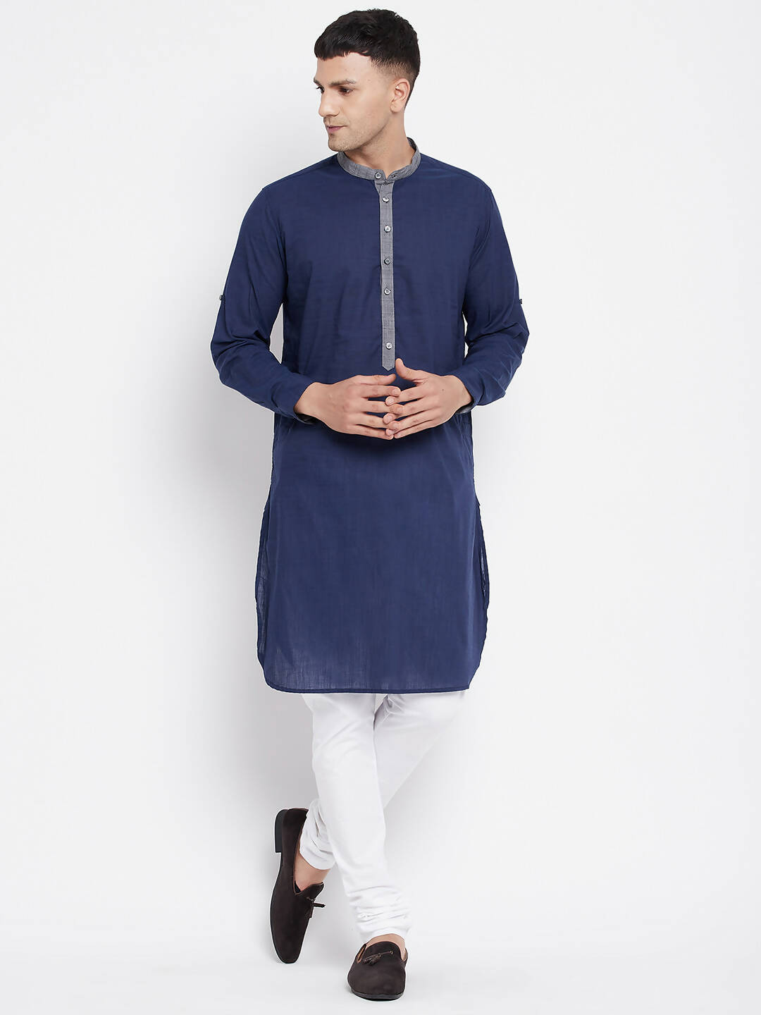 Even Apparels Blue Pure Cotton Men's Kurta With Contrast Collar And Placket | Grocsy