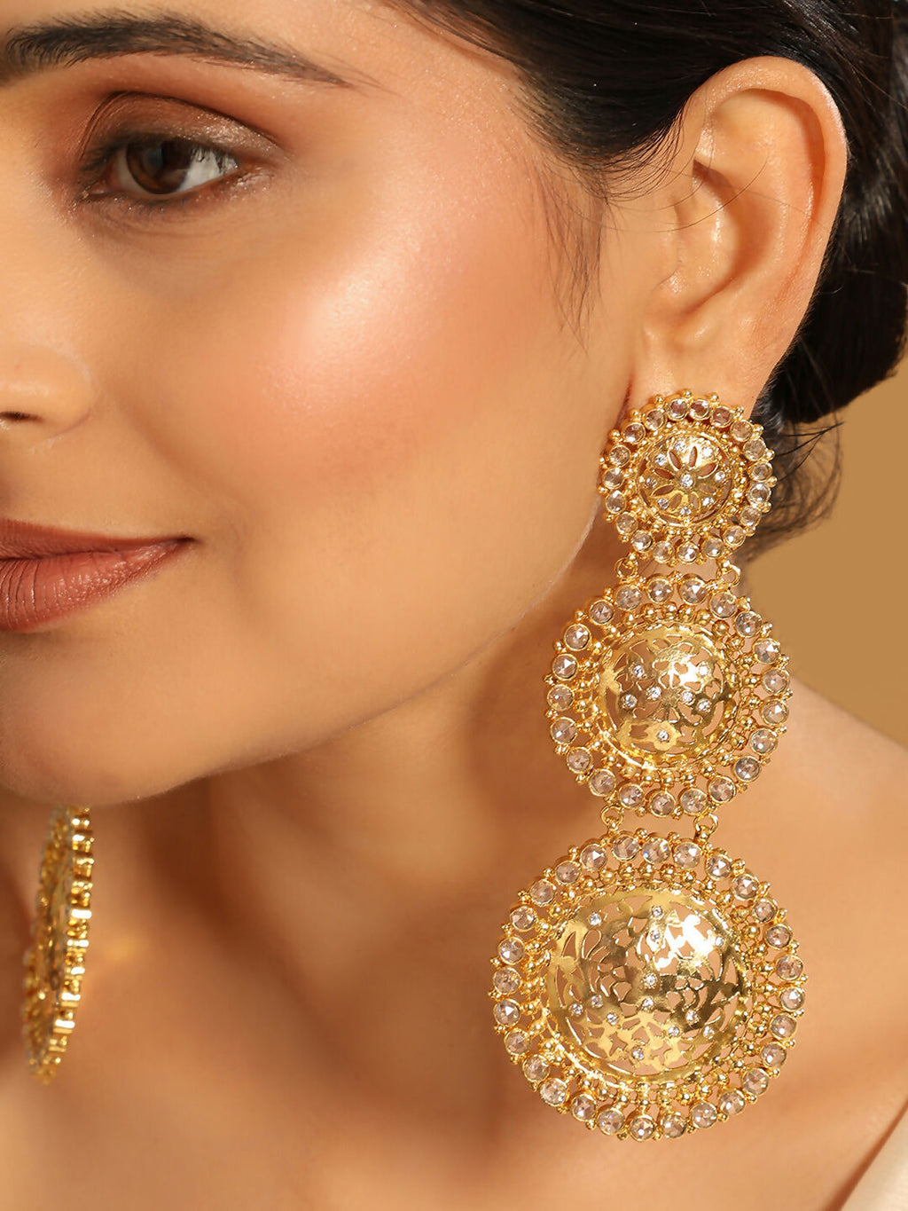 Nuyug 22K Gold Plated Stone Studded Contemporary Shaped Drop Earrings | Grocsy