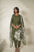 Miravan Women's Mehandi Pintucks Floral Pattern Cotton Straight Suit Set | Grocsy