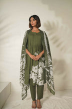 Miravan Women's Mehandi Pintucks Floral Pattern Cotton Straight Suit Set | Grocsy