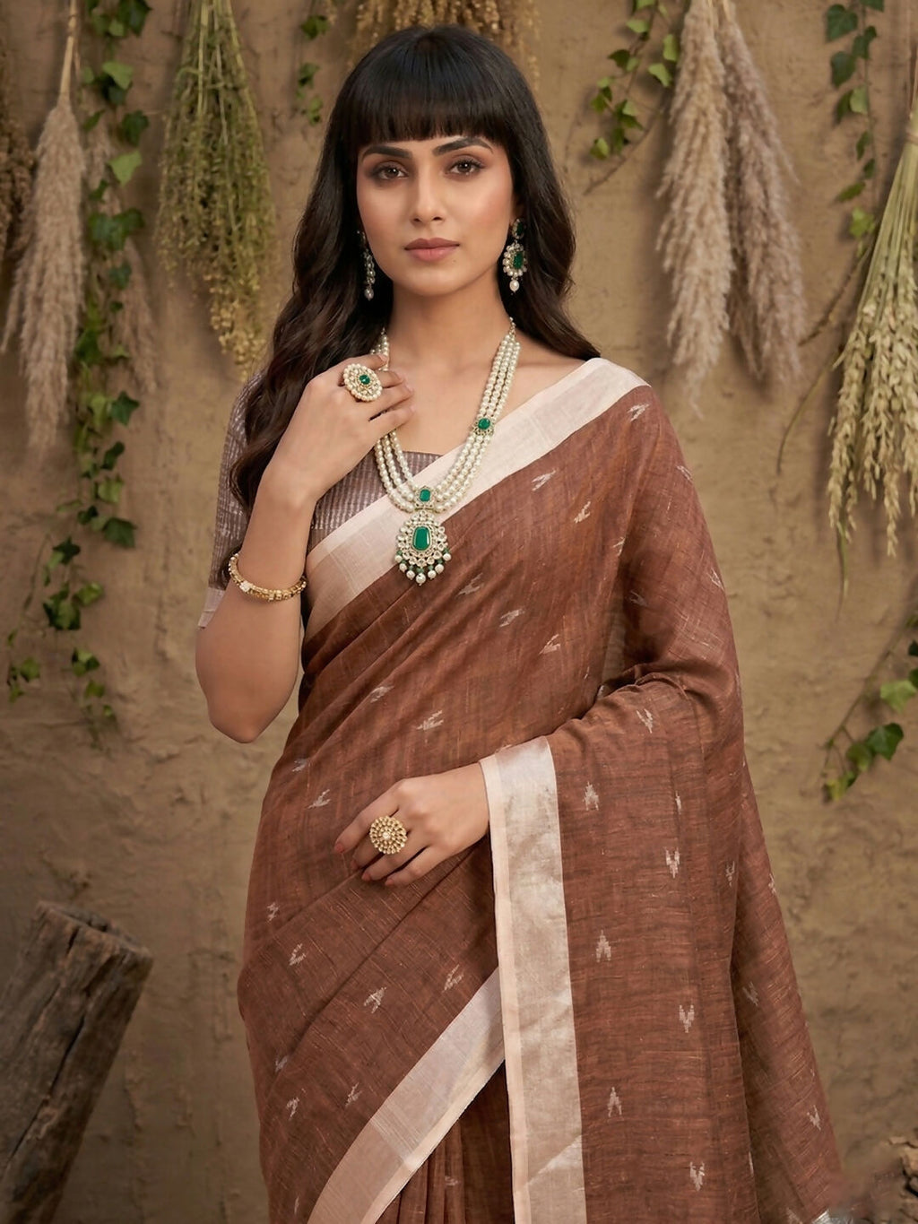 Shree Shyam Fashion Brown Linen Cotton Saree | Grocsy