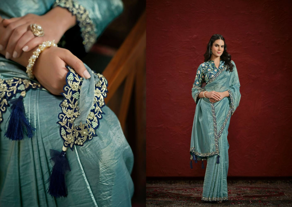 Sea Green Paper Silk Pleat Moti with Handwork Saree with Stitched Blouse - Mohmanthan Aaina | Grocsy