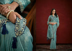 Sea Green Paper Silk Pleat Moti with Handwork Saree with Stitched Blouse - Mohmanthan Aaina | Grocsy