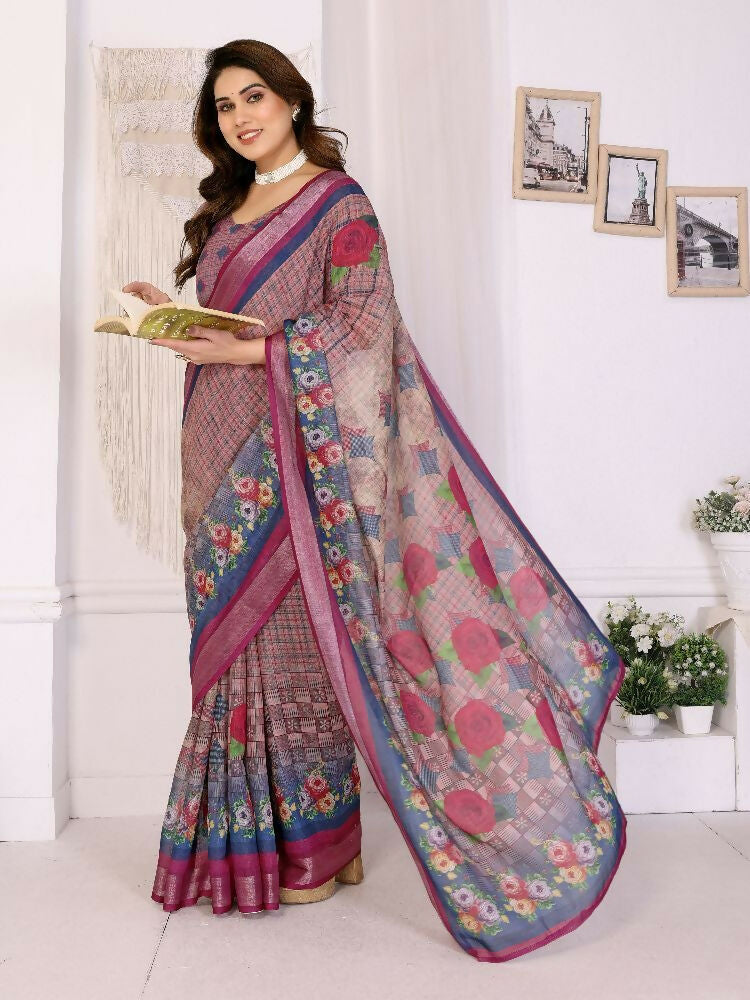 PR Fashion Purple Handloom Linen Cotton Zari Saree | Grocsy