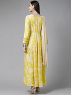 Ahalyaa Womens Lemmon Yellow Crepe Digital Printed Drapped Dress | Grocsy